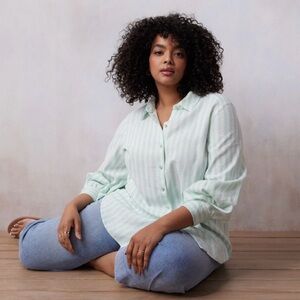 Plus size 3X LC Lauren Conrad Striped Green and White Women's Button Down Top